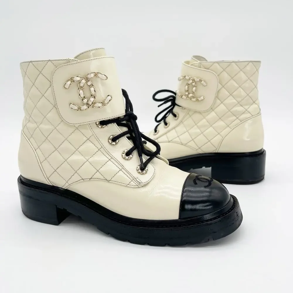 Chanel Brave Ivory Black Quilted Leather Chain CC Cap Tap Combat Boots EU 41